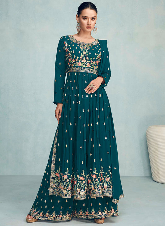 Turquoise Sequence Embroidered Wedding Palazzo Suit