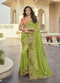 Lime Green Embroidered Designer Party Wear Saree