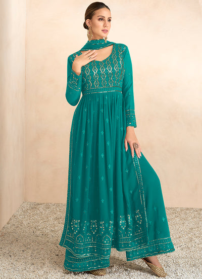 Sea Green Sequence Embroidery High Slit Palazzo Suit
