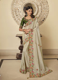 Off White And Green Embroidered Party Wear Saree