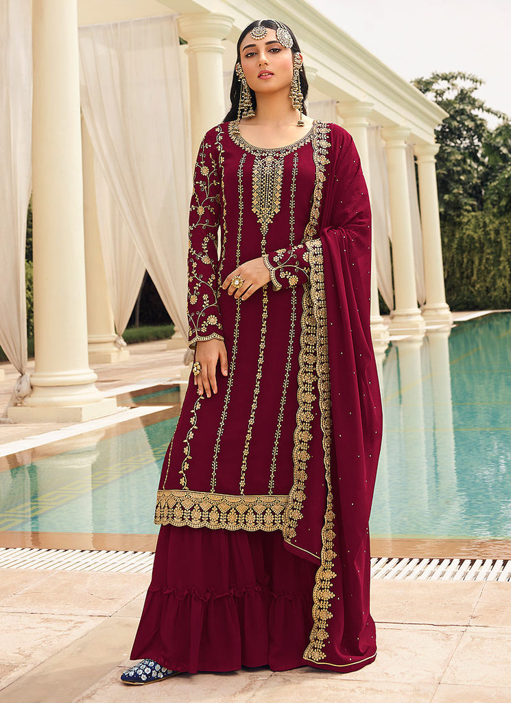 Red Golden Zari Embroidered Designer Gharara Suit