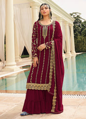 Red Golden Zari Embroidered Designer Gharara Suit