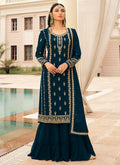 Blue Golden Zari Embroidered Designer Gharara Suit