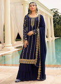 Navy Blue Golden Zari Embroidered Designer Gharara Suit