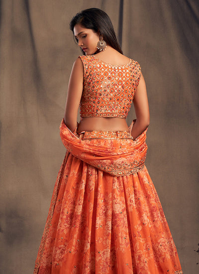 Orange Golden Floral Printed Lehenga Choli