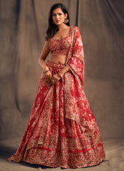 Red Golden Floral Printed Lehenga Choli