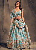 Sky Blue Golden Floral Printed Lehenga Choli