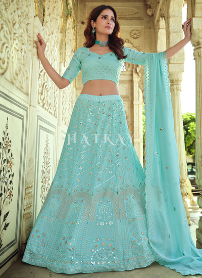 Aqua Blue Sequence Embroidered Wedding Lehenga Choli
