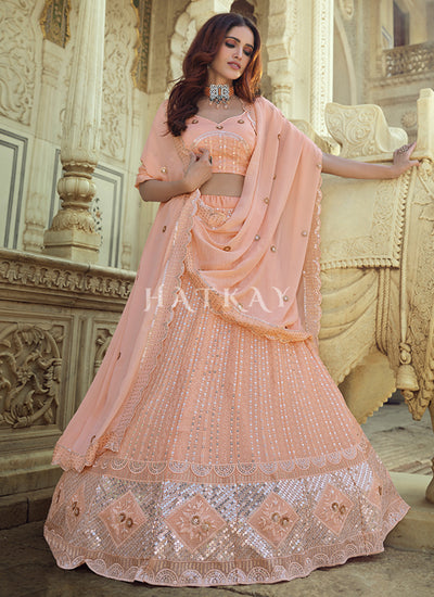 Pale Peach Sequence Embroidered Wedding Lehenga Choli
