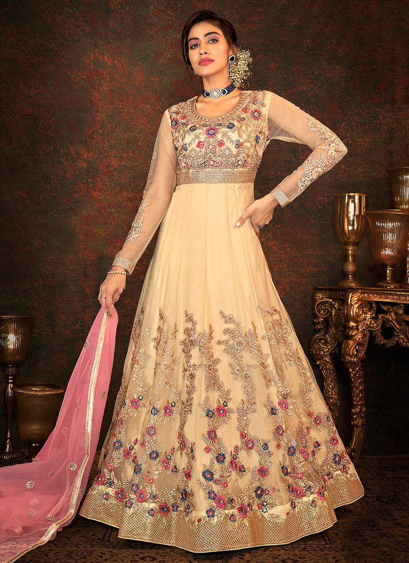 Beige Multi Embroidered Wedding Anarkali Suit 