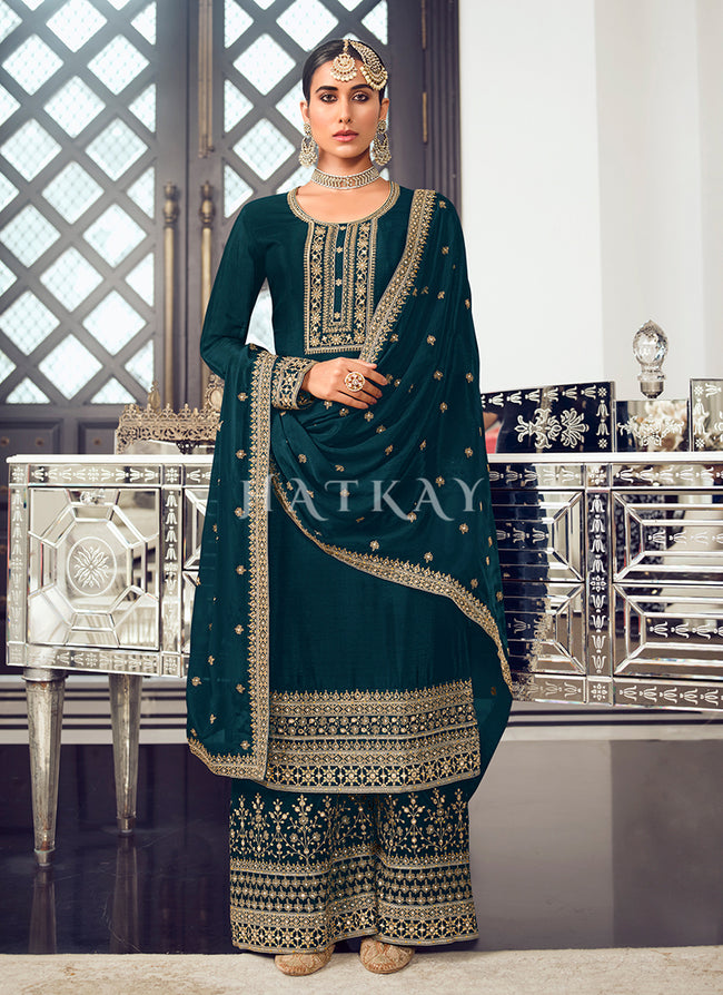 Turquoise Golden Embroidered Wedding Palazzo Suit