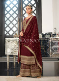 Maroon Golden Embroidered Wedding Palazzo Suit