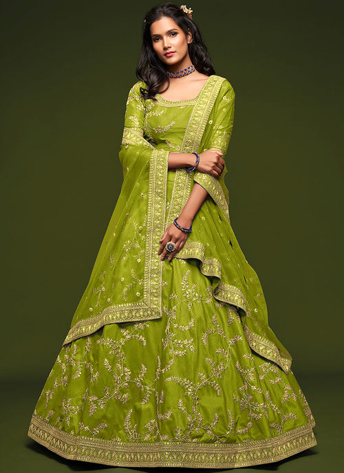Neon Green Zari Embroidered Silk Lehenga Choli
