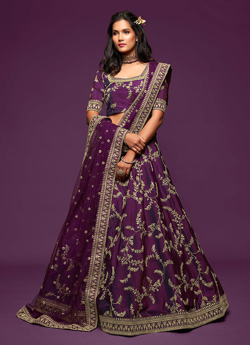 Deep Purple Zari Embroidered Silk Lehenga Choli 
