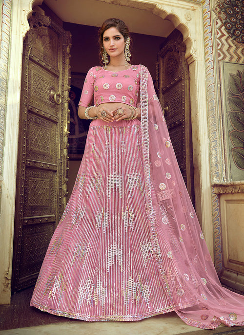 Blush Pink Floral Sequence Embellished Lehenga Choli