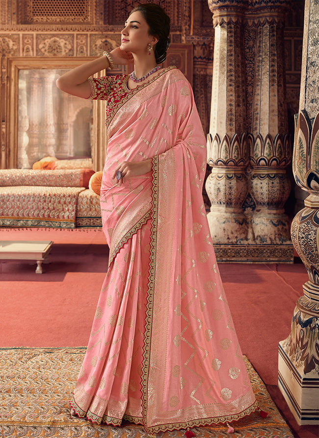 Pink And Red Sequence Embroidery Saree
