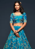 Blue Embroidered Silk Lehenga Choli In USA