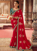 Red And Turquoise Sequence Embroidery Saree
