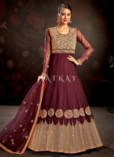 Maroon Multi Embroidered Wedding Anarkali Suit