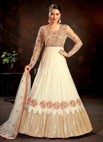 Off White Multi Embroidered Wedding Anarkali Suit