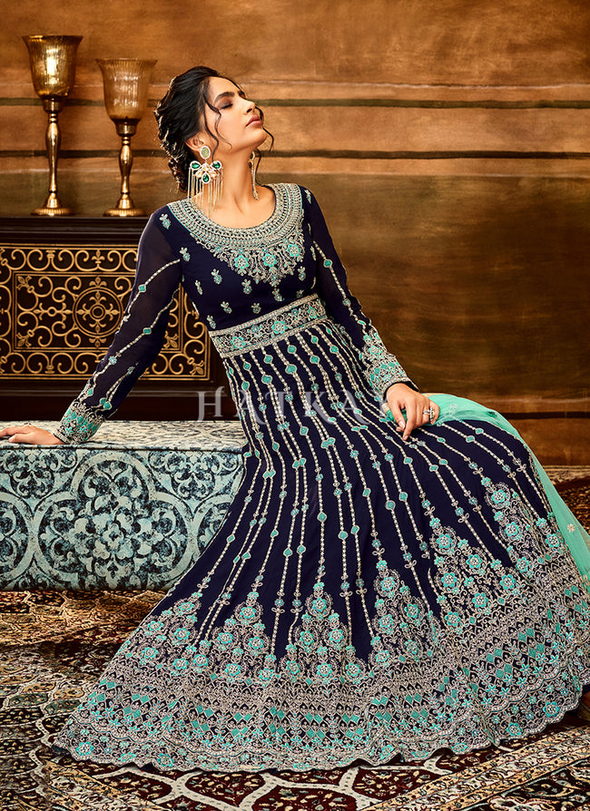 Buy Indian Clothing Dark Blue Embroidery Wedding Anarkali Suit