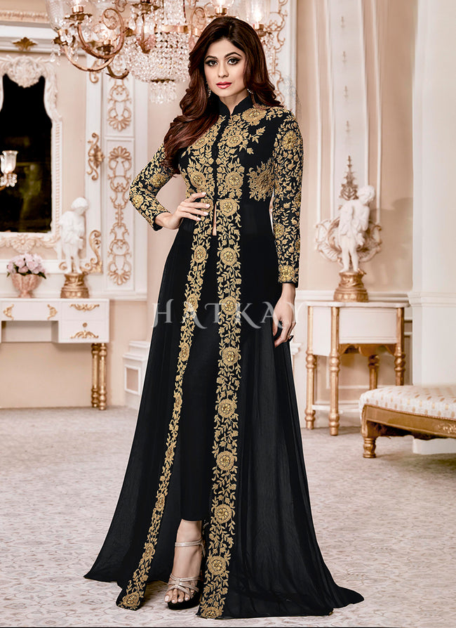 Black Ethnic Embroidered Designer Slit Style Anarkali Pant Suit