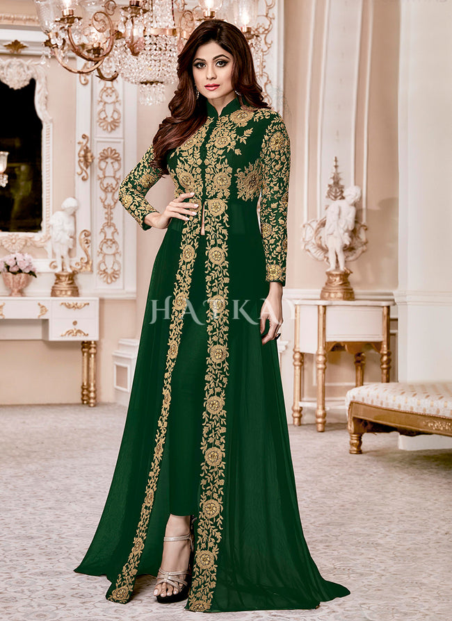 Green Ethnic Embroidered Designer Slit Style Anarkali Pant Suit