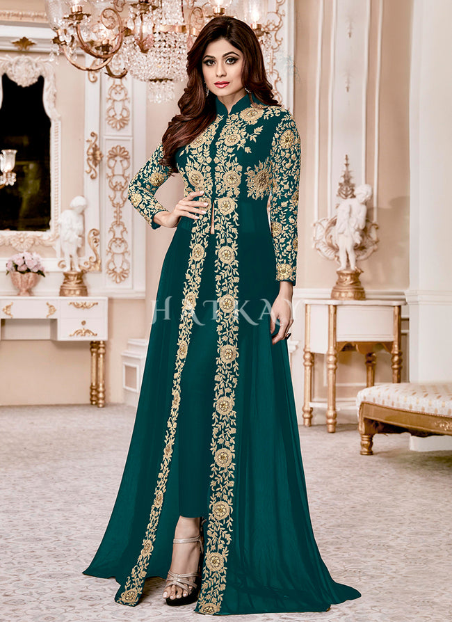 Dark Green Ethnic Embroidered Designer Slit Style Anarkali Pant Suit