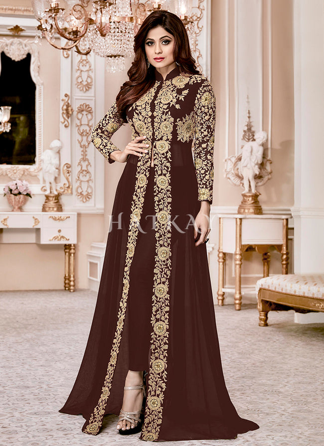 Brown Ethnic Embroidered Designer Slit Style Anarkali Pant Suit
