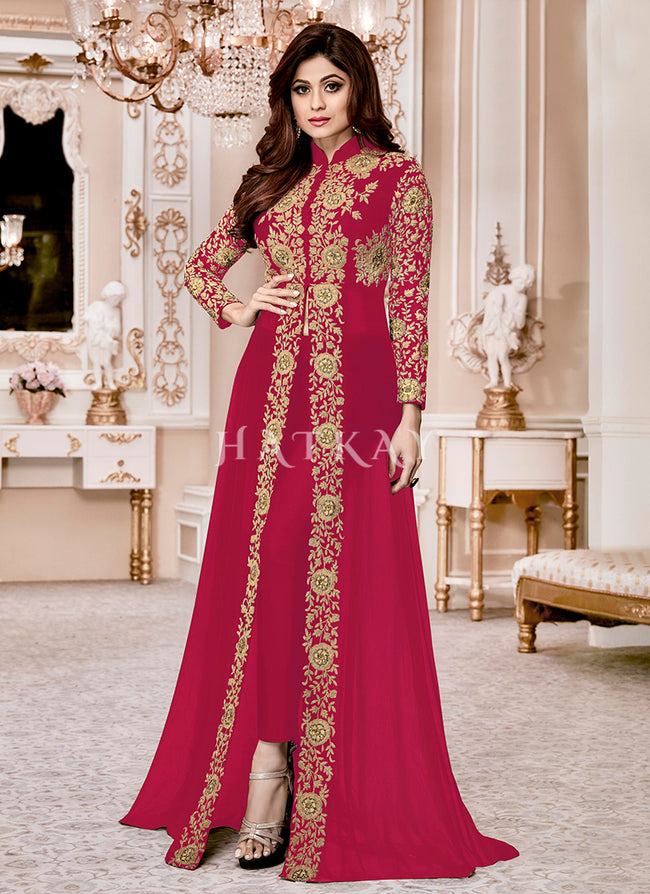 Hot Pink Ethnic Embroidered Designer Slit Style Anarkali Pant Suit