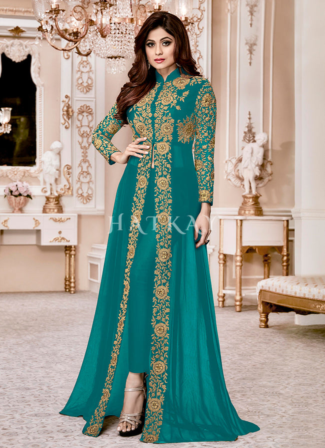 Turquoise Ethnic Embroidered Designer Slit Style Anarkali Pant Suit