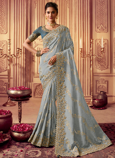 Blue Golden Sequence Embroidered Wedding Saree