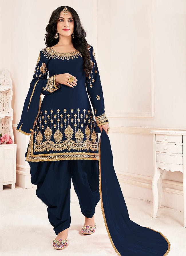 Blue Silk Mirror Work Punjabi Suit