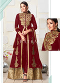 Red Golden Zari Embroidery Jacket Style Pant Suit