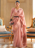 Soft Peach Khicha Zari Handloom Weaved Silk Saree
