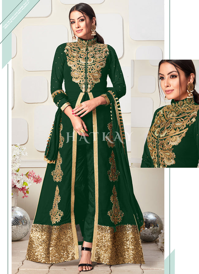 Green Golden Zari Embroidery Jacket Style Pant Suit