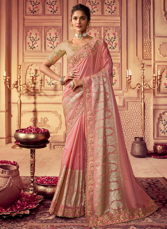 Pink And Cream Golden Sequence Embroidered Wedding Saree