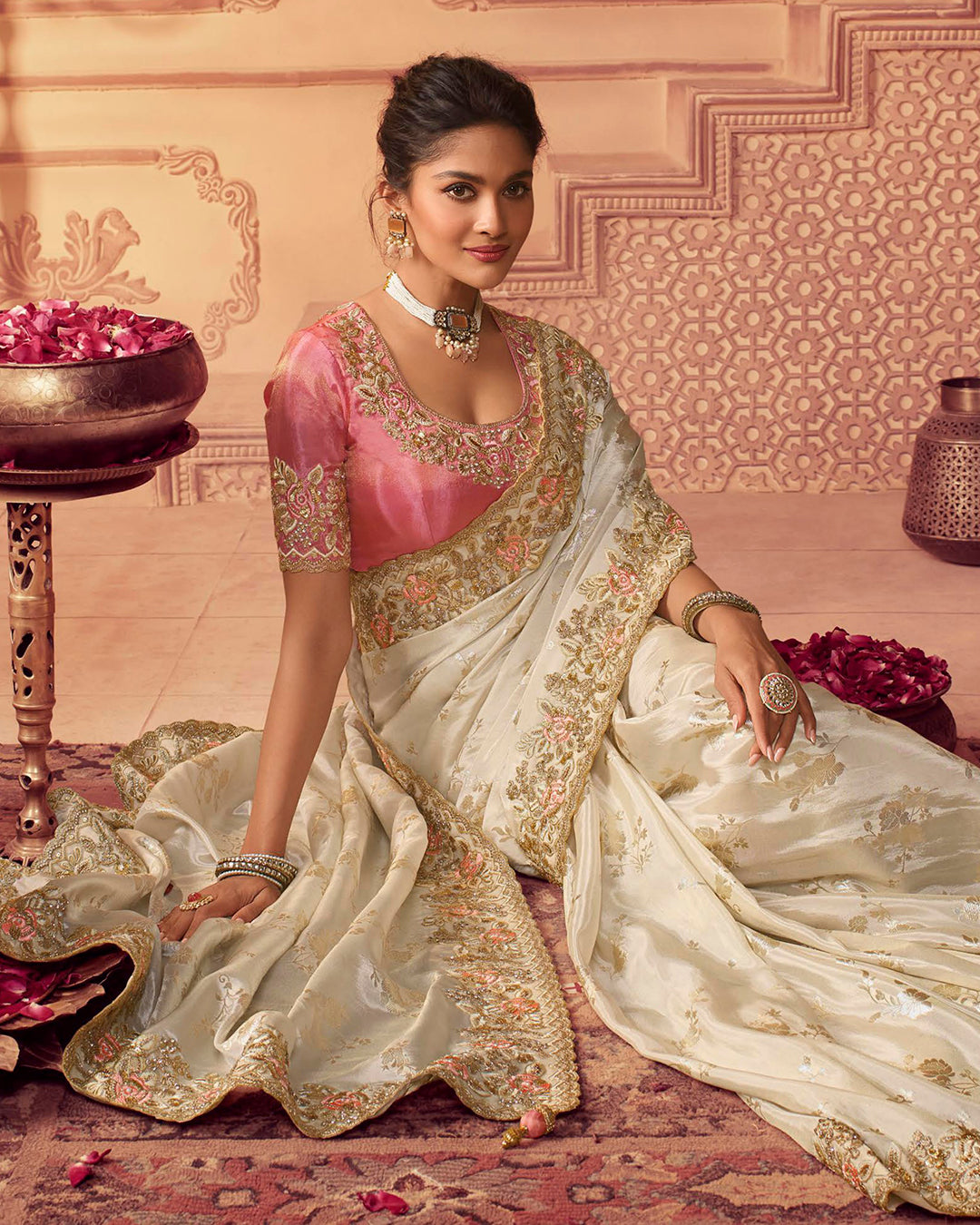 Off White Golden Sequence Embroidered Wedding Saree