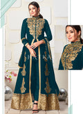 Turquoise Golden Zari Embroidery Jacket Style Pant Suit
