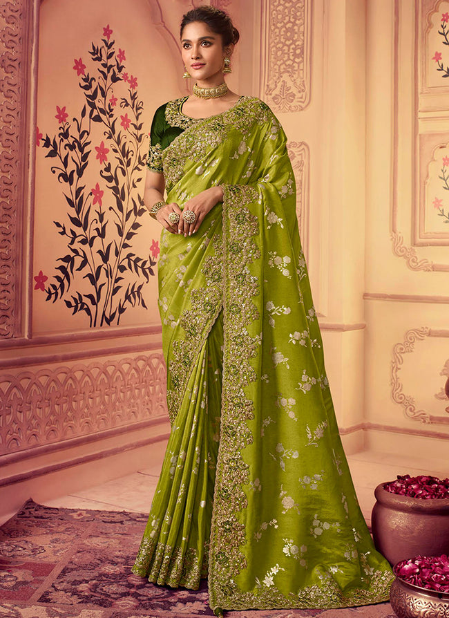 Green Golden Sequence Embroidered Wedding Saree