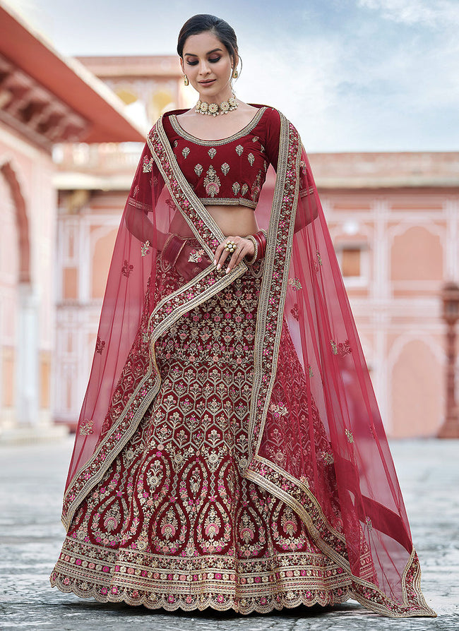 Bridal Red Embroidered Velvet Wedding Lehenga Choli