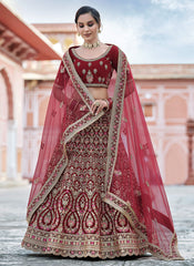 Bridal Red Embroidered Velvet Wedding Lehenga Choli