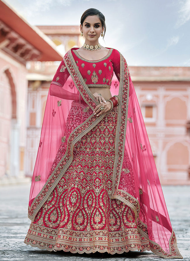 Fuscia Pink Embroidered Velvet Wedding Lehenga Choli
