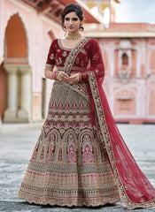 Bridal Red Embroidered Velvet Wedding Lehenga Choli