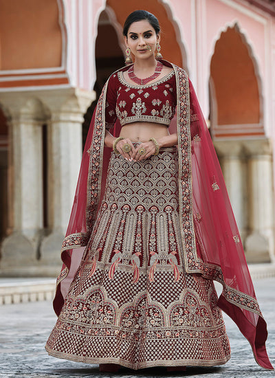 Red Embroidered Velvet Wedding Lehenga Choli
