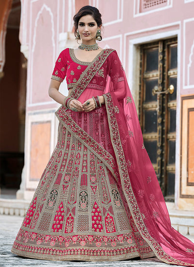 Bright Pink Embroidered Velvet Wedding Lehenga Choli
