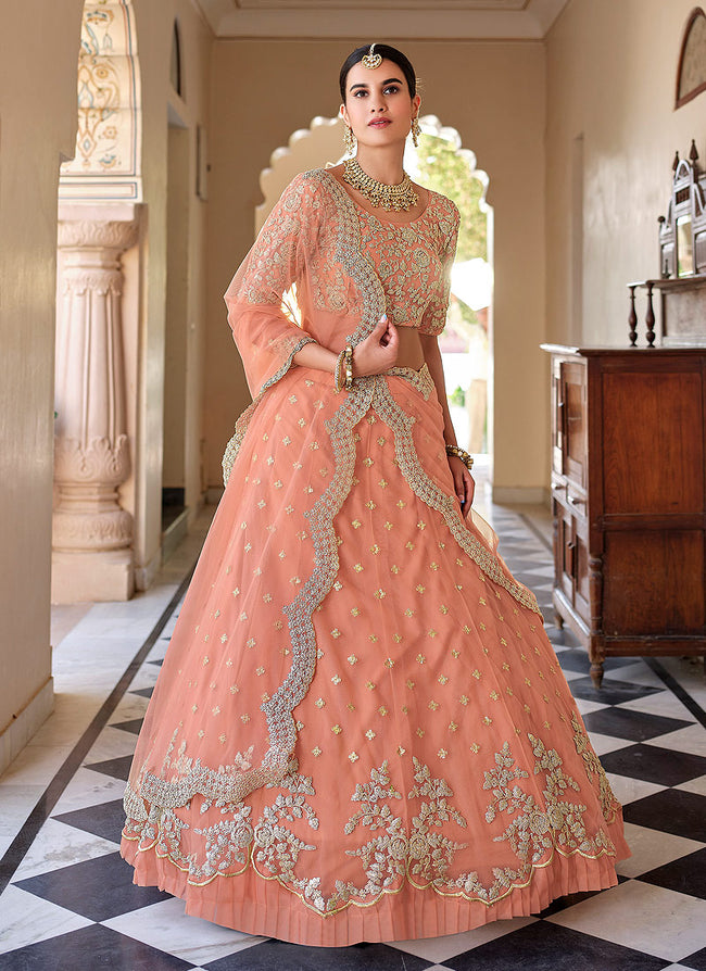 Buy Lustrous Peach Net Designer Readymade Gown | Gown | indian Gown