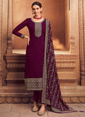 Wine Sequence Embroidery Festive Pant Style Suit