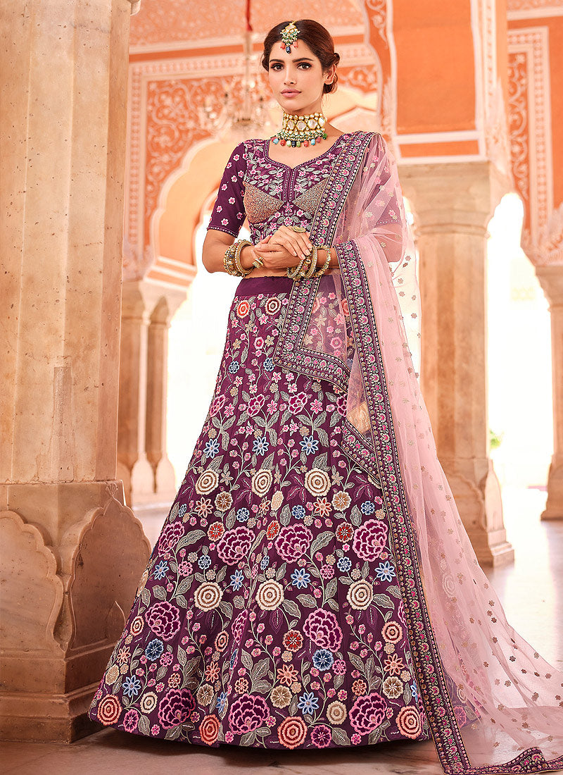 Wine Floral Motifs Embroidered Crape Lehenga Choli
