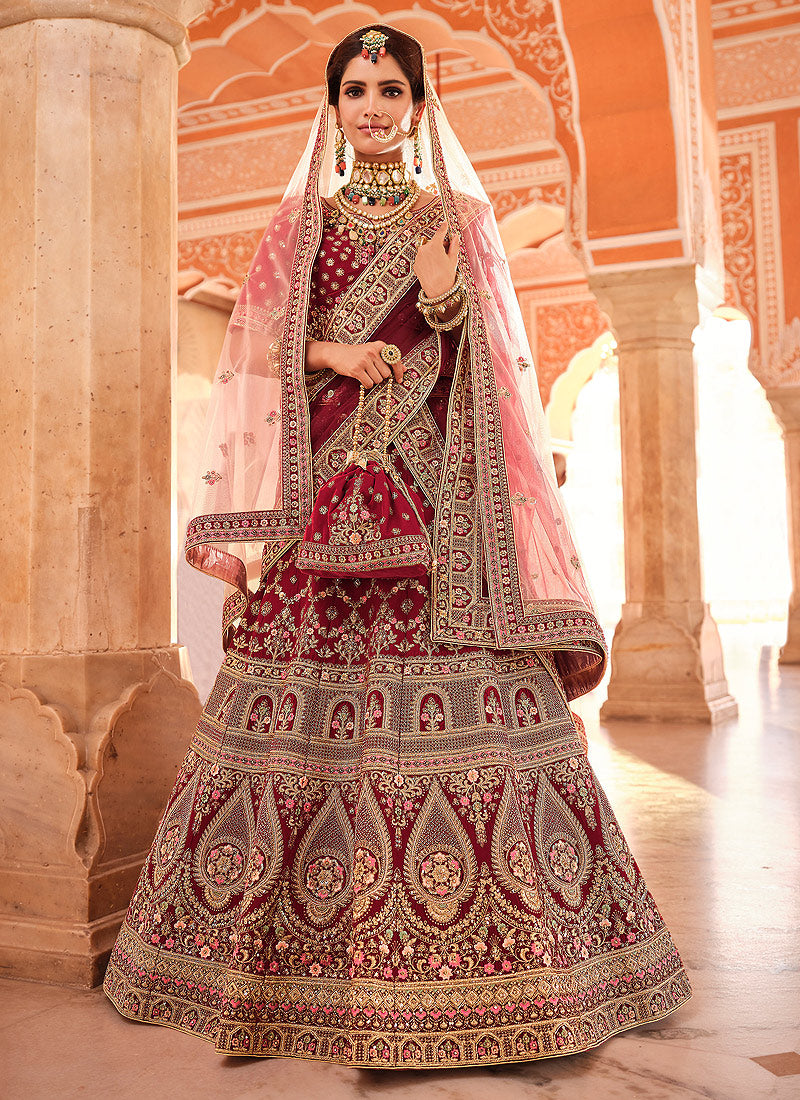 Red Traditional Embroidered Velvet Wedding Lehenga Choli